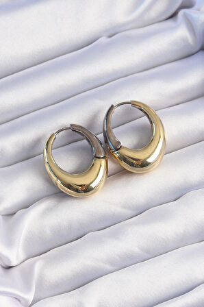 STİLLOVE Pirinç Gold Gümüş Renkli Oval Bombeli Küpe