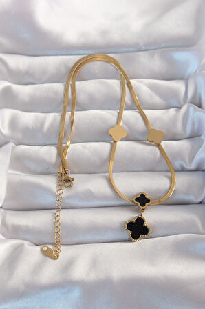 STİLLOVE 316L Çelik Gold Renk İtalyan Zincirli Mineli Yonca Kolye