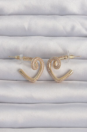 STİLLOVE Pirinç Gold Renk Zirkon Taşlı Kıvrımlı Yarım Kalp Küpe