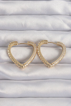 STİLLOVE Pirinç Gold Renk Zirkon Taşlı Motifli Kalp Küpe