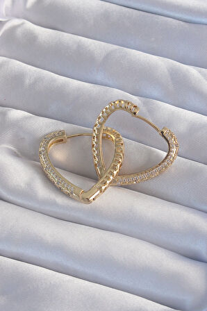 STİLLOVE Pirinç Gold Renk Zirkon Taşlı Motifli Kalp Küpe