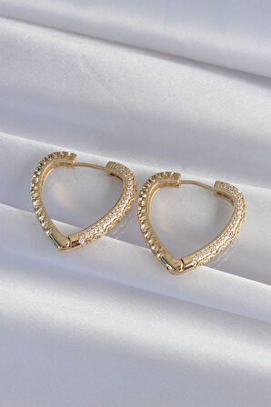 STİLLOVE Pirinç Gold Renk Zirkon Taşlı Motifli Kalp Küpe