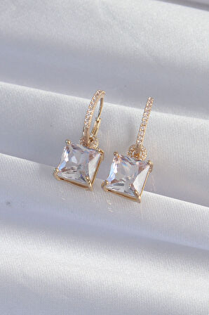 STİLLOVE Pirinç Gold Renk Kare Zirkon Taşlı Halka Küpe