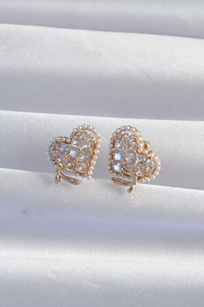 STİLLOVE Pirinç Gold Renk Fiyonk Detay İncili Zirkon Taşlı Kalp Küpe
