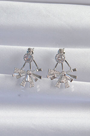 STİLLOVE Pirinç Gümüş Renk Zirkon Taşlı Yassı Fiyonk Model Küpe