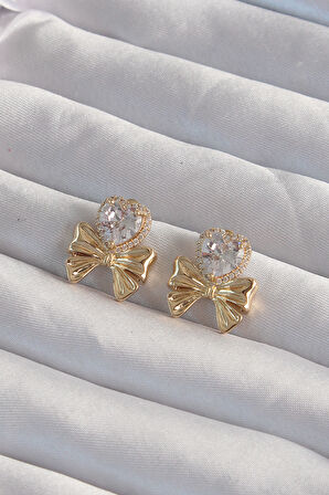 STİLLOVE Pirinç Gold Renk Zirkon Taşlı Kalp Model Fiyonk Küpe
