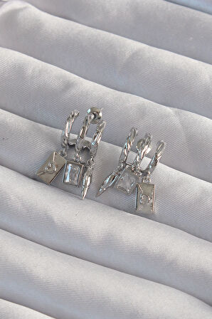 STİLLOVE Pirinç Gümüş Renk Zirkon Taşlı Çoklu Aksesuarlı Yarım Halka Kaburga Küpe