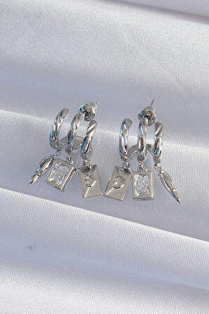 STİLLOVE Pirinç Gümüş Renk Zirkon Taşlı Çoklu Aksesuarlı Yarım Halka Kaburga Küpe