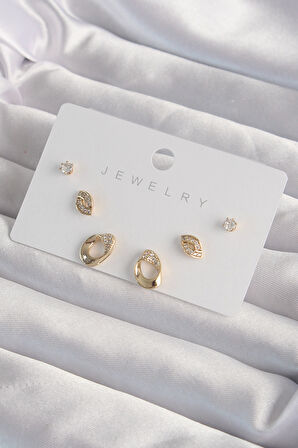 STİLLOVE Pirinç Gold Renk Zirkon Taşlı Yaprak Model Küpe Seti