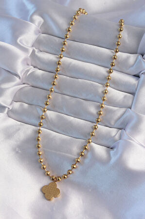 STİLLOVE 316L Çelik Top Zincirli Gold Renk İşlemeli Yonca Model Kolye