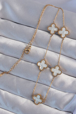 STİLLOVE 316L Çelik Gold Renk Beyaz Sedefli Yonca Kolye