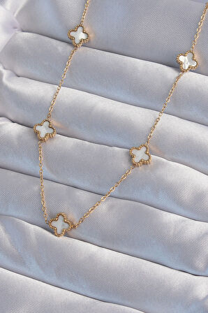 STİLLOVE 316L Çelik Gold Renk Minimal Beyaz Sedefli Yonca Kolye