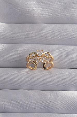 STİLLOVE Pirinç Ayarlamalı Gold Renk Zirkon Taşlı 2li Görünüm Fiyonk Yüzük