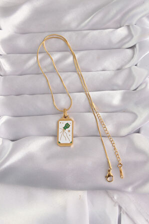 STİLLOVE 316L Çelik Gold Renk Beyaz Mineli Tarot Kolye