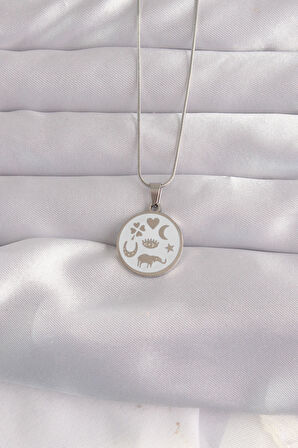 STİLLOVE 316L Çelik Gümüş Renk Beyaz Mineli Karışık Figürlü Tarot Kolye