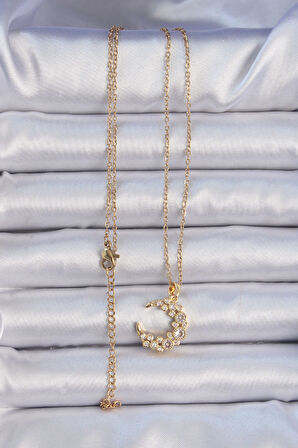 STİLLOVE 316L Çelik Zincir Altın Renk Zirkon Taşlı Ay Kolye