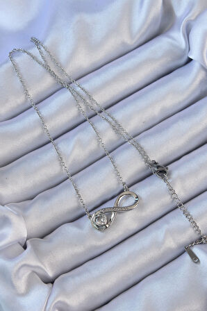 STİLLOVE 316L Çelik Zincir Gümüş Renk Zirkon Taşlı Minimal Kalp Figür Sonsuzluk Kolye