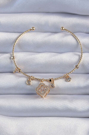 STİLLOVE Pirinç Altın Renk Zirkon Taşlı Yonca Model Charm Bileklik