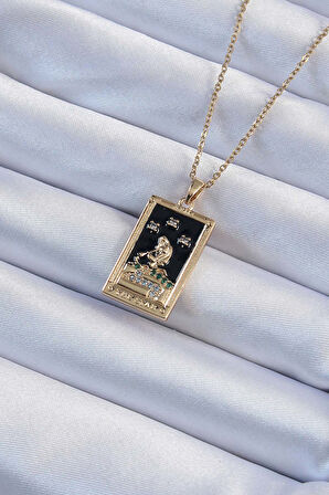 STİLLOVE 316L Çelik Zincir Altın Renk Zirkon Taşlı Siyah Mineli Kız Figürlü Tarot Kolye