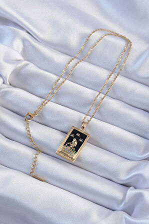 STİLLOVE 316L Çelik Zincir Altın Renk Zirkon Taşlı Siyah Mineli Kız Figürlü Tarot Kolye