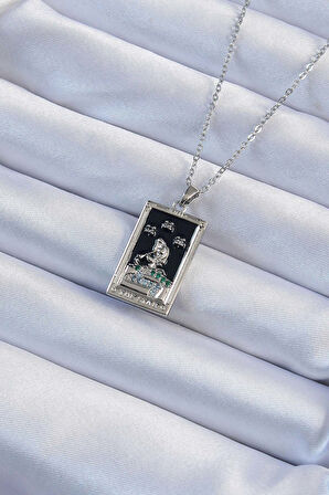 STİLLOVE 316L Çelik Zincir Gümüş Renk Zirkon Taşlı Siyah Mineli Kız Figürlü Tarot Kolye