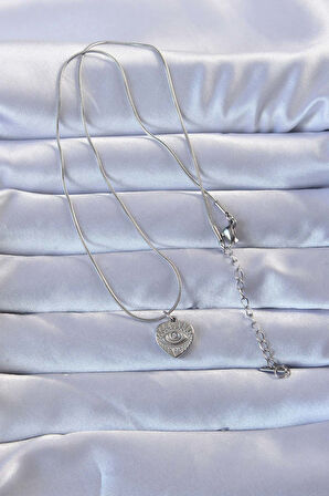 STİLLOVE 316L Gümüş Renk Zirkon Taşlı İşlemeli Göz Detay Kalp Kolye