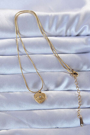 STİLLOVE 316L Altın Renk Zirkon Taşlı İşlemeli Göz Detay Kalp Kolye