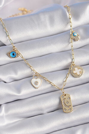 STİLLOVE Gold Renk Zirkon Taşlı Çoklu Figür Model Şans Kolyesi