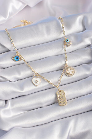 STİLLOVE Gold Renk Zirkon Taşlı Çoklu Figür Model Şans Kolyesi