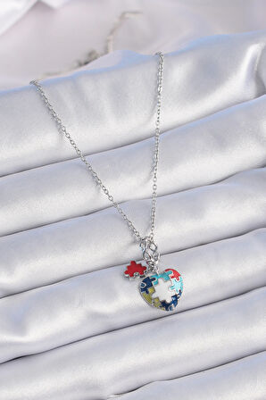 STİLLOVE 316L Çelik Gümüş Renk Yapboz Motif Kalp Figür Charm Model Kadın Kolye