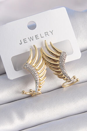 STİLLOVE Pirinç Gold Renk Zirkon Taşlı Kanat Model Kadın Küpe