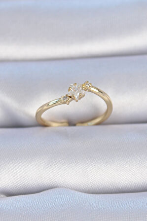STİLLOVE Pirinç Gold Renk Beyaz Çiçek Model Zirkon Taş Detay Kadın Yüzük