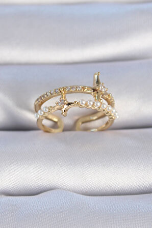 STİLLOVE Pirinç Gold Renk Zirkon Taşlı İnci Detay Kutup Yıldızı Model Kadın Yüzük