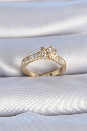 STİLLOVE Pirinç Gold Renk Zirkon Taşlı Düğüm Model Kadın Yüzük