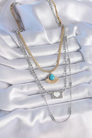 STİLLOVE 316L Çelik Mix Renk 3'lü Zincir Damla Madalyon Figür Uzun Kadın Kolye