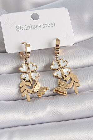 STİLLOVE 316L Çelik Gold Renk Beyaz Sedefli Yonca Simli Kelebek Figür Kadın Küpe