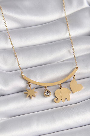STİLLOVE 316L Çelik Gold Renk Fil Figür Zirkon Taş Detay Kadın Kolye