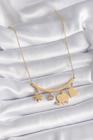 STİLLOVE 316L Çelik Gold Renk Fil Figür Zirkon Taş Detay Kadın Kolye