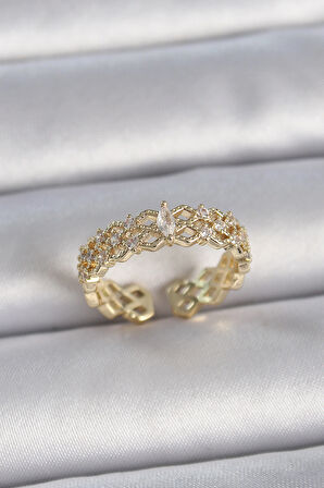 STİLLOVE Pirinç Gold Renk Zirkon Taşlı Zikzak Ayarlanabilir Model Kadın Yüzük