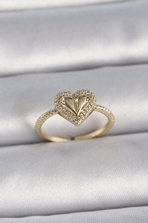STİLLOVE Pirinç Gold Renk Ayarlanabilir Zirkon Taşlı Kalp Model Kadın Yüzük