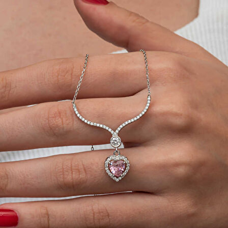 STİLLOVE Gümüş Pembe Zirkon Taşlı Kalp Kadın Kolye