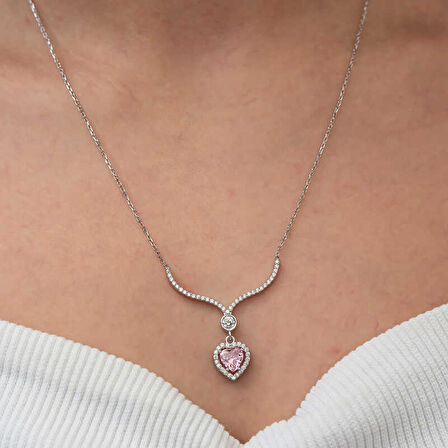STİLLOVE Gümüş Pembe Zirkon Taşlı Kalp Kadın Kolye