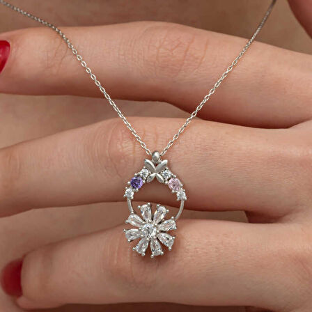 STİLLOVE Gümüş Beyaz Dönen Çiçek Kadın Kolye