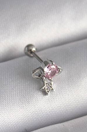 STİLLOVE 316L Çelik Gümüş Renk Pembe Zirkon Taşlı Sallantı Yıldız Detay Tragus Piercing