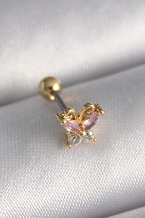 STİLLOVE 316L Çelik Gold Renk Pembe Zirkon Taşlı Kelebek Tragus Piercing
