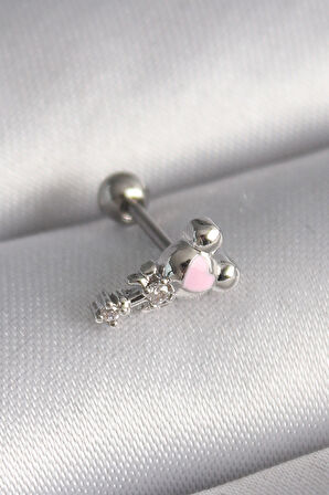 STİLLOVE 316L Çelik Gümüş Renk Zirkon Taş Detay Pembe Kalp İşleme Tragus Piercing