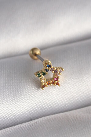 STİLLOVE 316L Çelik Gold Renk Renkli Zirkon Taşlı Yıldız Model Tragus Piercing