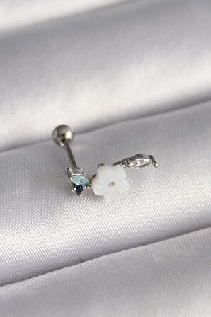 STİLLOVE 316L Çelik Gümüş Renk Zirkon Taş Detay Beyaz Çiçek Model Tragus Piercing
