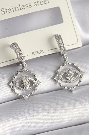 STİLLOVE Pirinç Gümüş Renk Zirkon Taşlı Göz Model Kadın Kolye