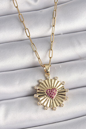 STİLLOVE 316L Çelik Gold Renk Pembe Zirkon Taşlı Kalp İşleme Madalyon Model Kadın Kolye